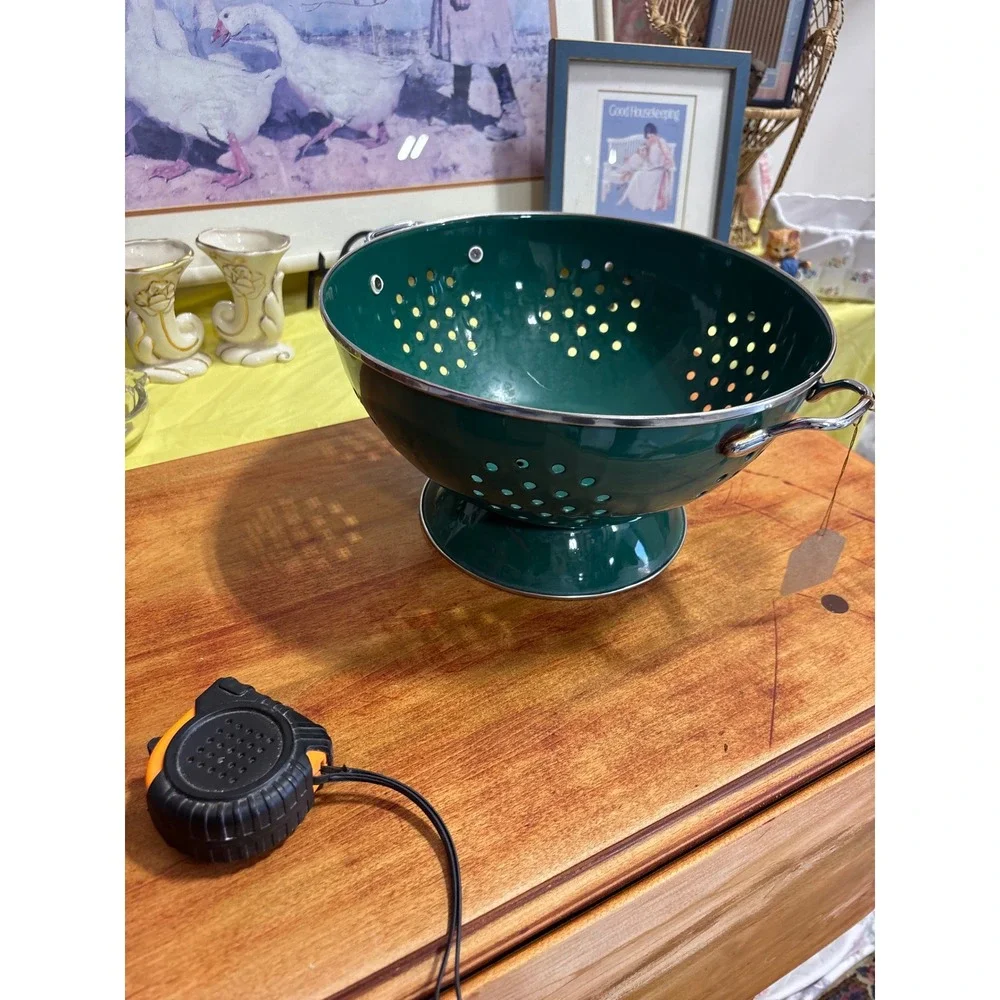 Hunter Green Enamel Colander Footed Metal Strainer with Chrome Handles 10 Inch